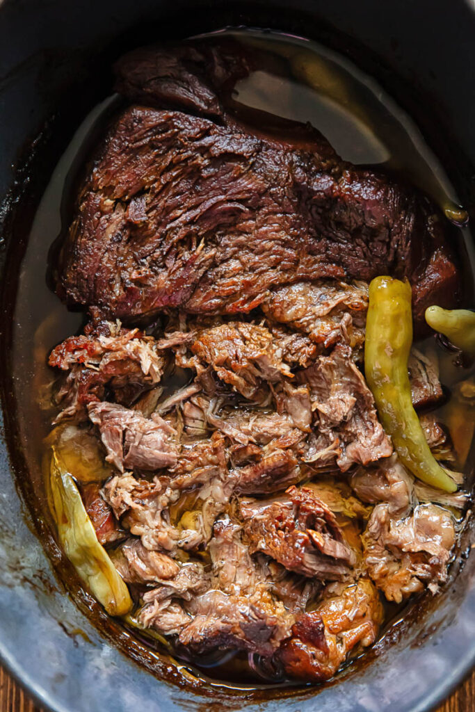 Close up of pot roast in a slow cooker