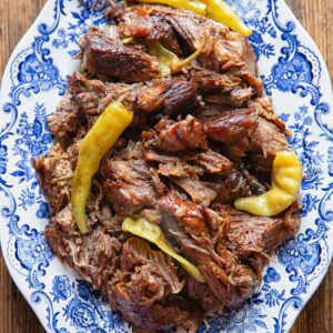 Top down of slow cooked pot roast on a platter