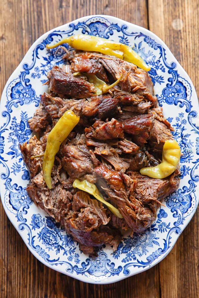 Top down of slow cooked pot roast on a platter
