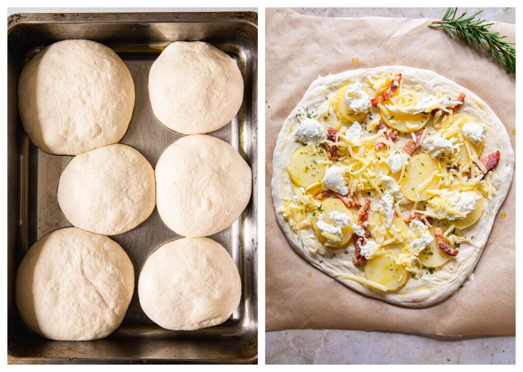two process shots showing the dough proofing in a roasting pan, and an assembled pizza prior to baking