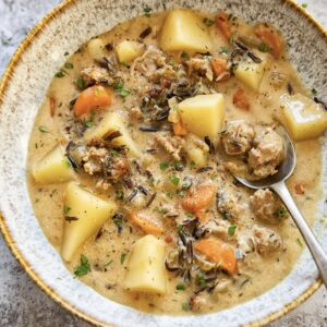 bowl of a chunky soup inside a creamy liquid