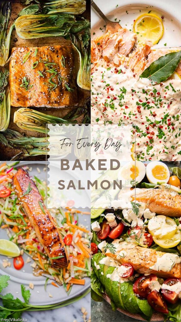 four image collage of baked salmon recipes, with title card in the middle