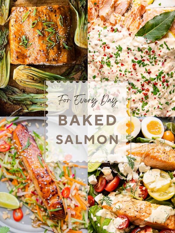 four image collage of baked salmon recipes, with title card in the middle