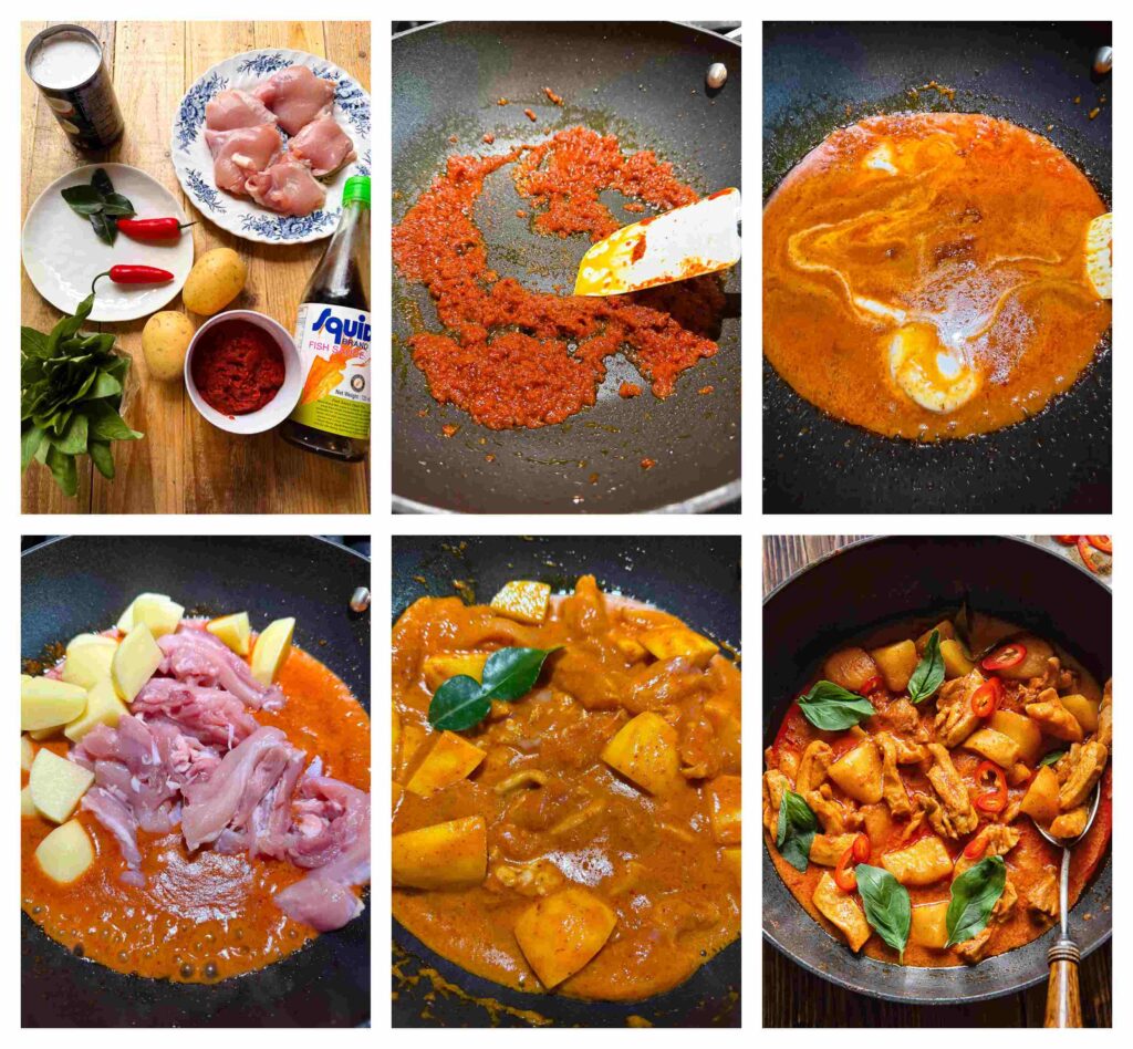 six process shots showing the preparation of curry sauce and the adding of the other ingredients in a dark wok