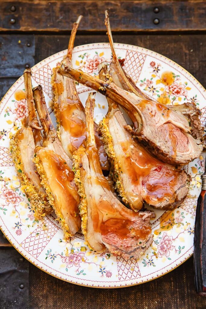 Lamb pieces with gravy on a plate