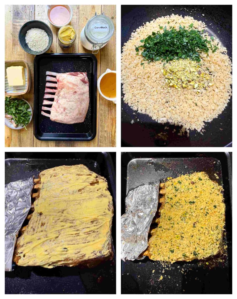 Process shots of lamb rack being coated in seasoning and breadcrumbs before roasted