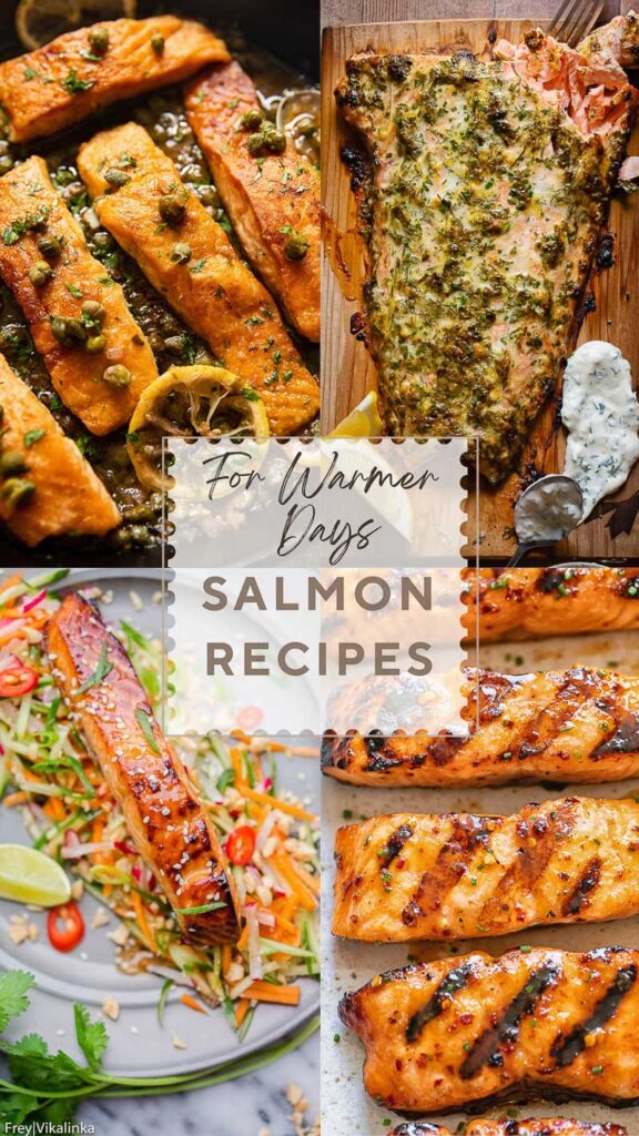 Collage of four salmon recipes with title card in the middle