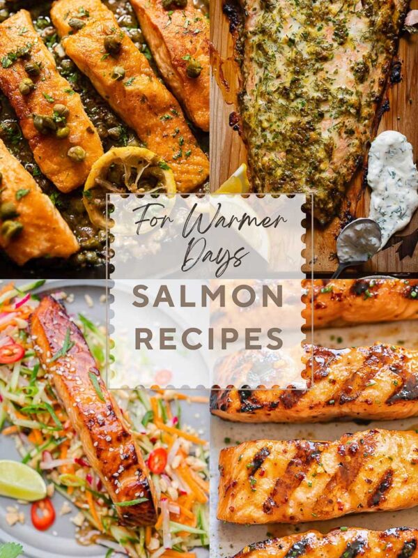 Collage of four salmon recipes with title card in the middle