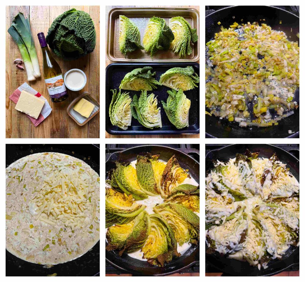 six process shots showing the preparation and cooking of the cabbage gratin