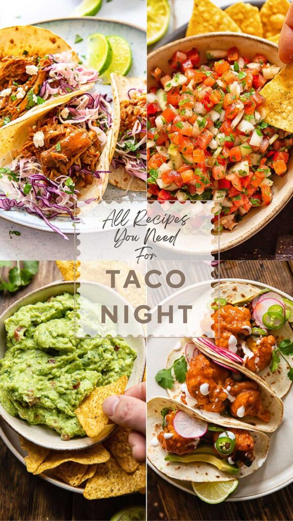 four images showing tacos and toppings with title card in the middle