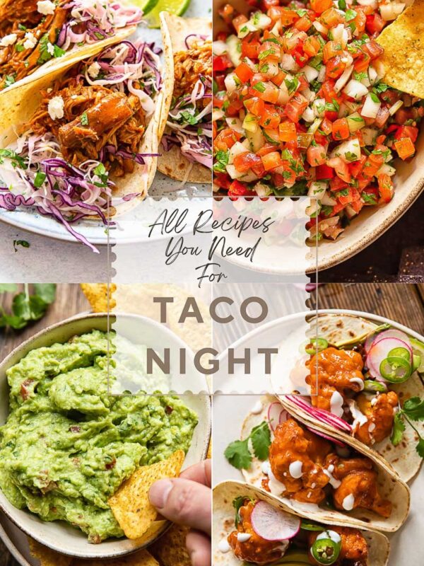 four images showing tacos and toppings with title card in the middle