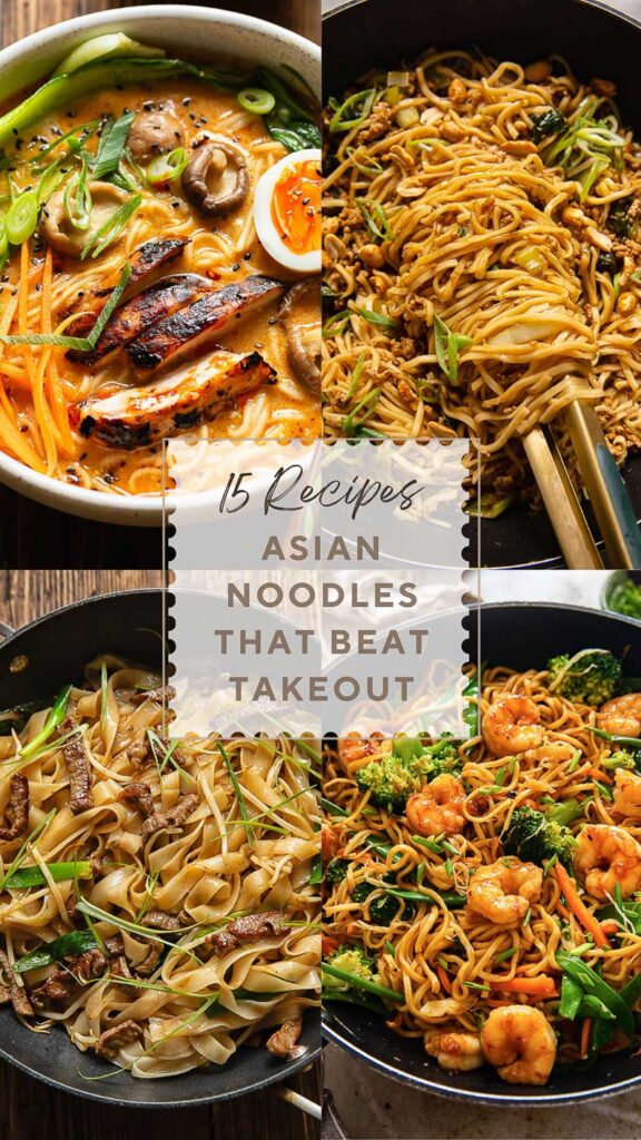 four panel poster with four Asian noodle dishes, and the post title in the middle
