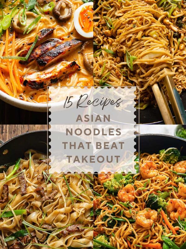 four panel poster with four Asian noodle dishes, and the post title in the middle
