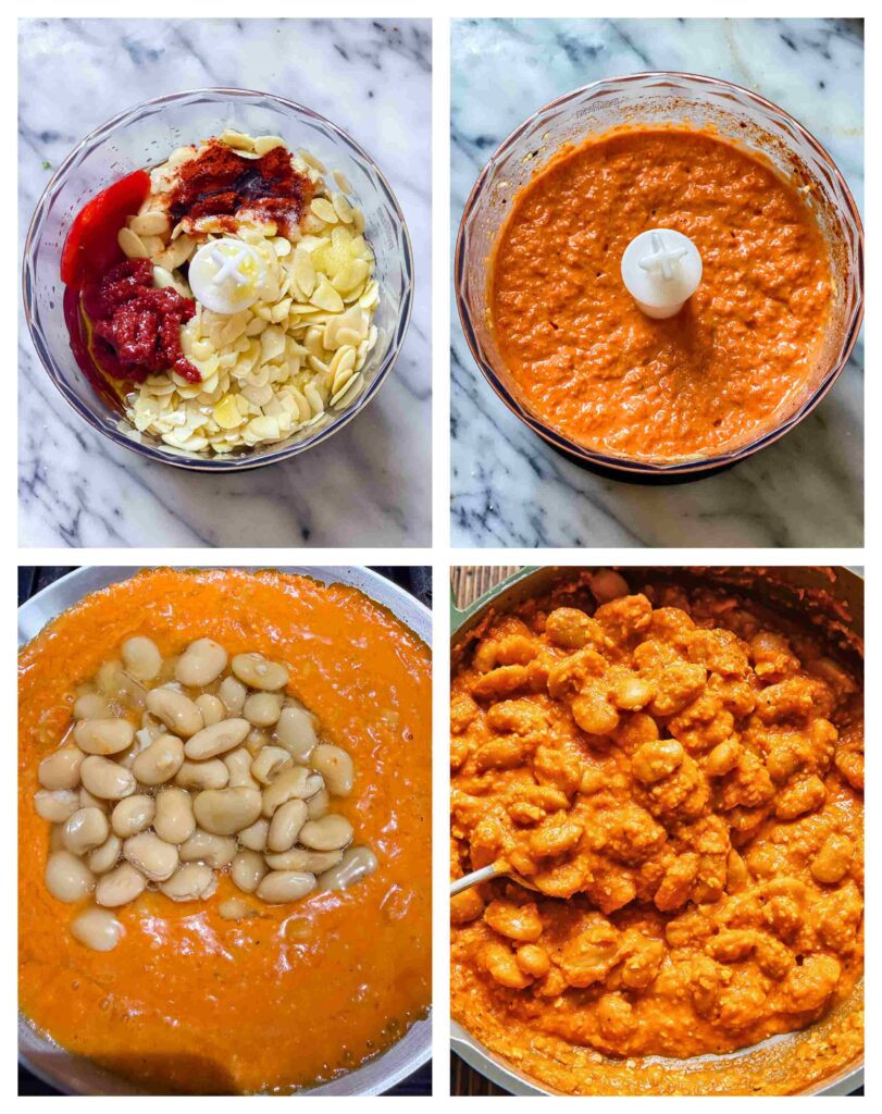 Process shots of butter beans and romesco sauced being combined and cooked in a pan