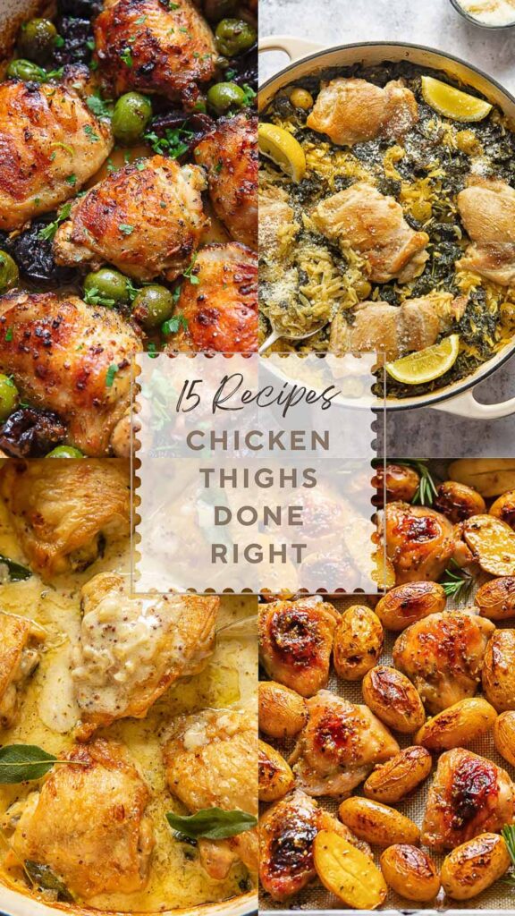 four image poster of chicken thigh dishes, with the post title in the middle