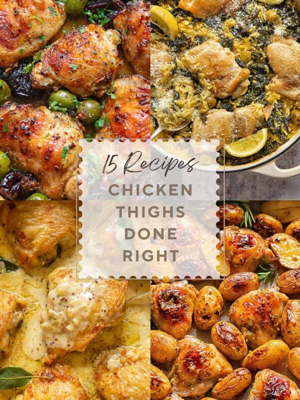 four image poster of chicken thigh dishes, with the post title in the middle