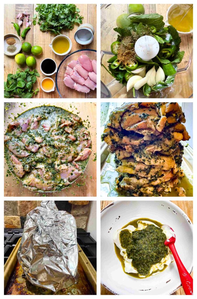 Process shots of chicken being marinated and roasted on a skewer