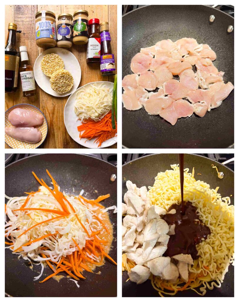 Process shots opf chicken and veg being prepped before stir fried