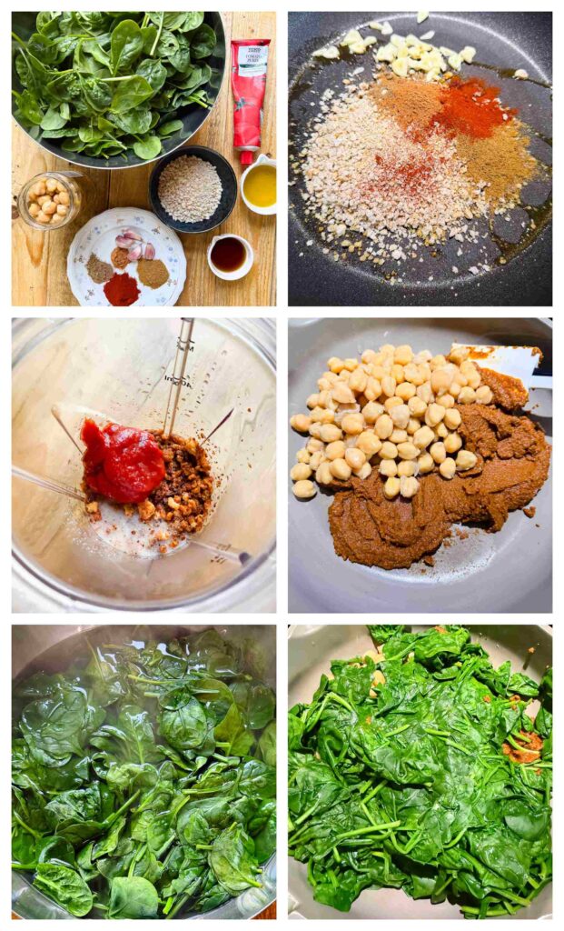 Six process shots showing the preparation of the ingredients that go into Spinach and Chickpeas.