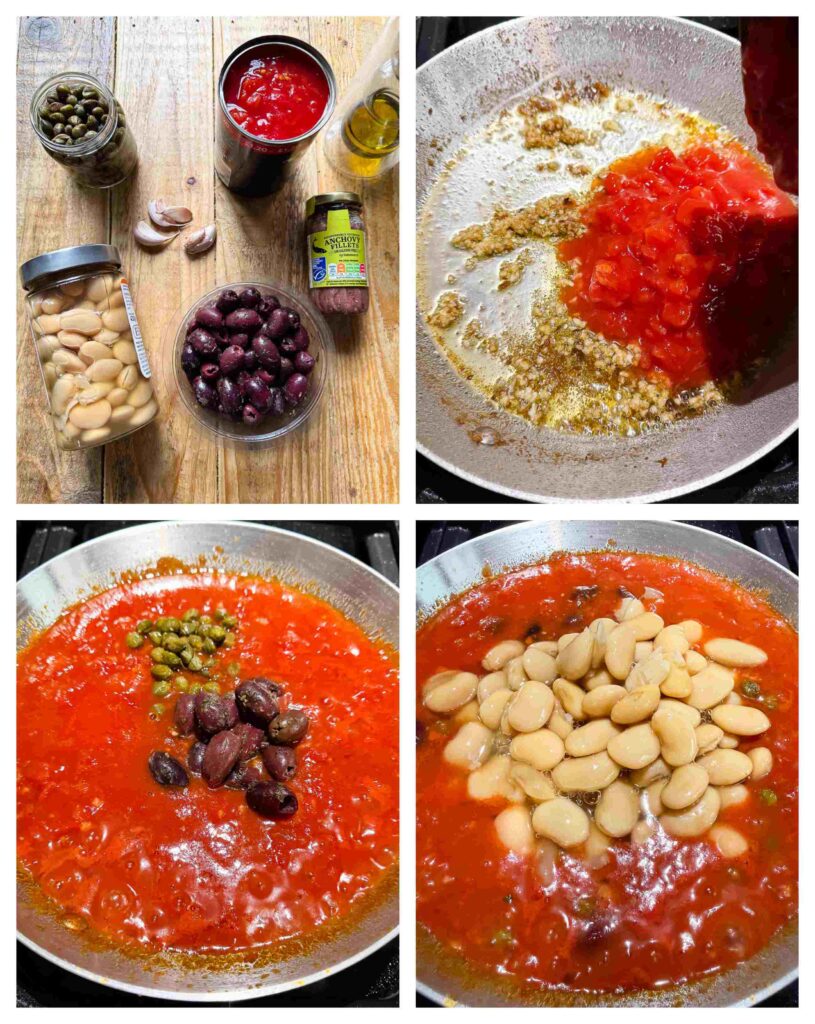 Process shots of puttanesca sauce being made and combined with butter beans