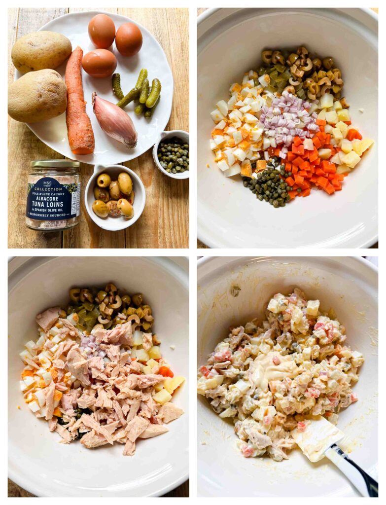 Process shots of tuna, eggs and veg being prepped before mixed in a bowl