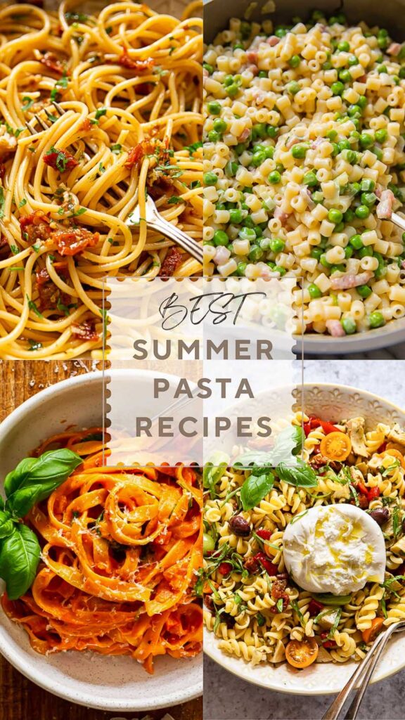 A four panel poster with pasta recipes, and the post title in the middle text box.