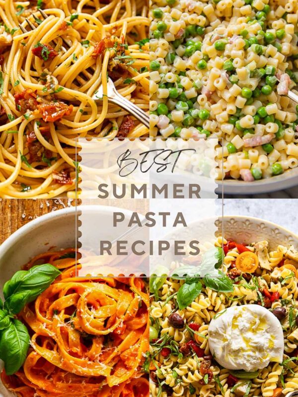 A four panel poster with pasta recipes, and the post title in the middle text box.
