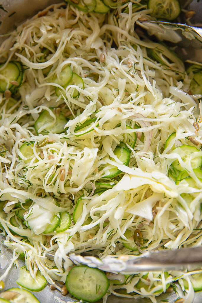 Close up of cucumber and cabbage slaw