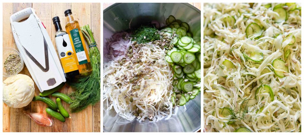 Process shots of cabbage and cucumber combined in a bowl