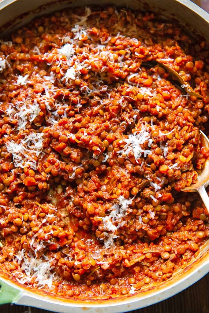 Close up shot of lentil bolognese in a pot