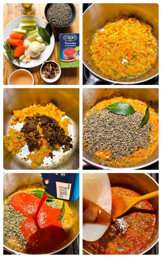 Process shots of lentils being cooked into bolognese sauce