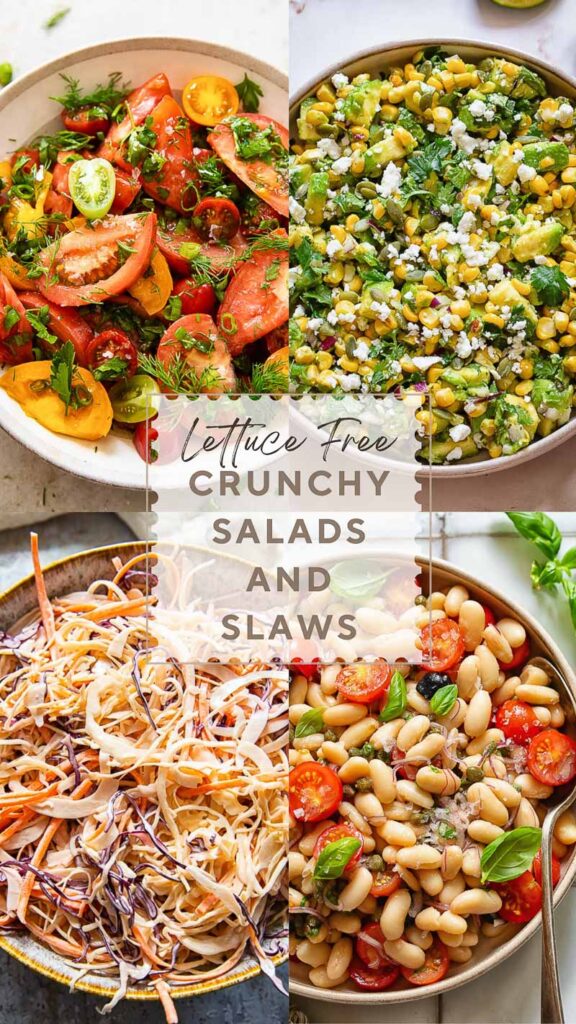 Four image vertical poster featuring salads made without lettuce.