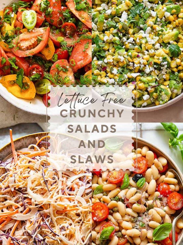 Four image vertical poster featuring salads made without lettuce.