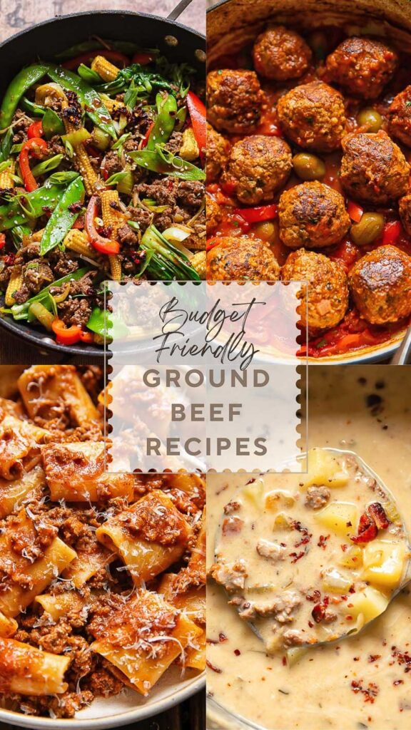 A four panel vertical collage of dishes made using ground beef plus other ingredients, with the title in the middle.