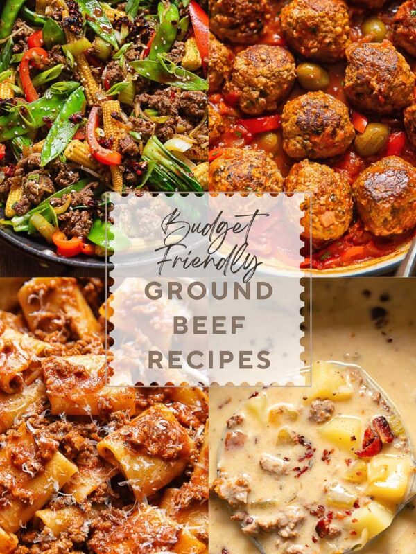 A four panel vertical collage of dishes made using ground beef plus other ingredients, with the title in the middle.