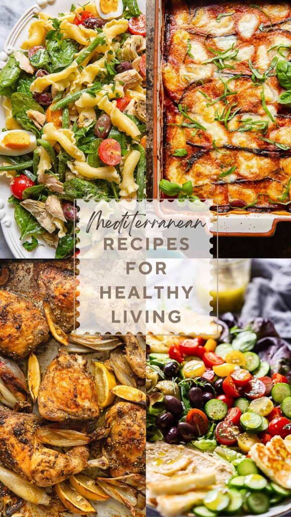 Vertical collage with four recipes from the Mediterranean, with a title in the middle.