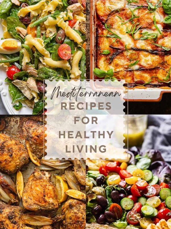 Vertical collage with four recipes from the Mediterranean, with a title in the middle.