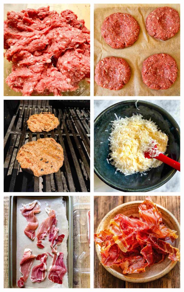 A six panel collage of process shots showing the preparation of the burger and toppings.