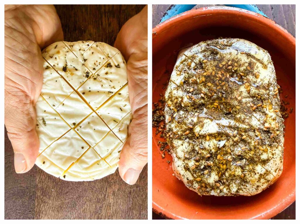 Two process shots showing how to prepare the halloumi for baking.