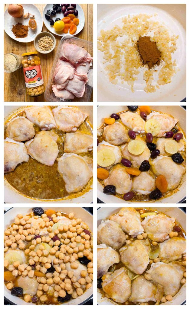 six process shots showing how to assemble the chicken tagine
