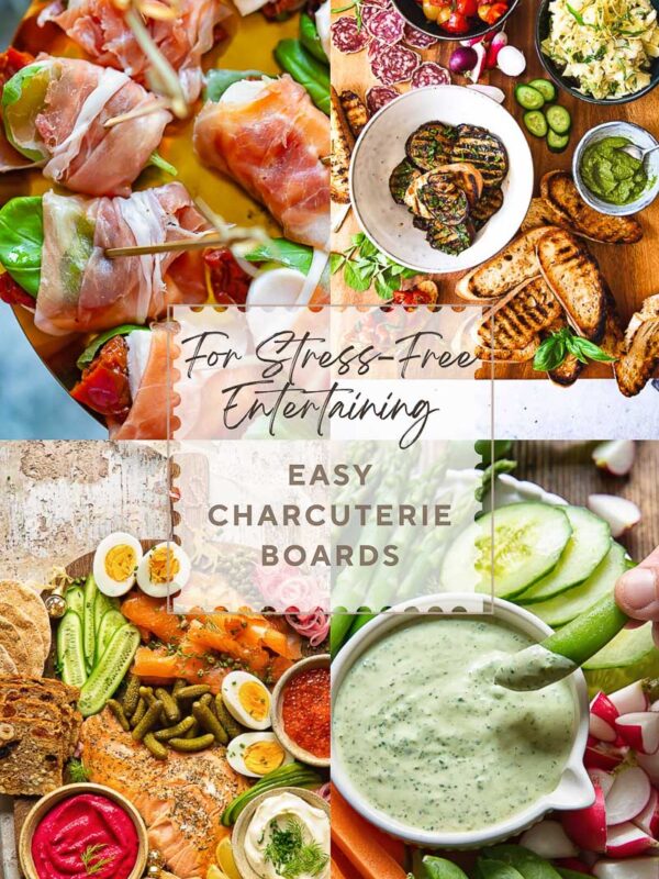 A vertial poster showing four starter and dip recipes, with the post title in the middle.