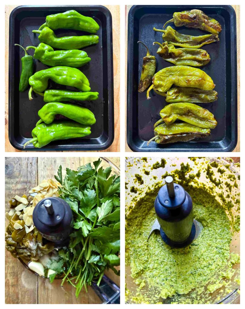 Four image collage showing the preparation of the peppers and the sauce.
