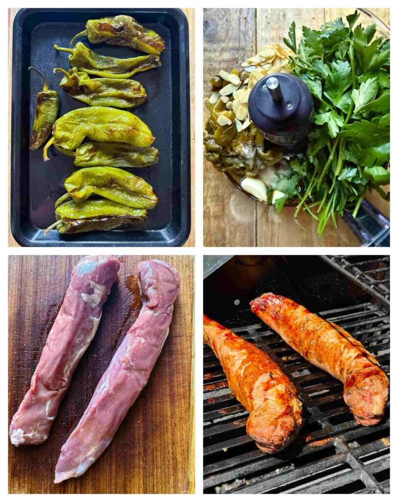 Four image collage showing how to prepare the romesco sauce and the pork tenderloin.