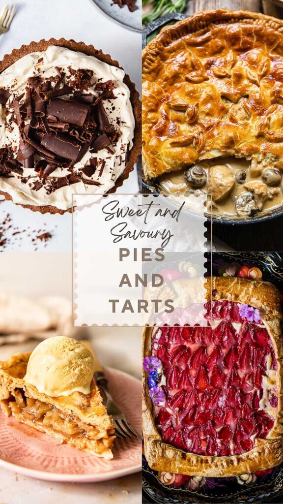 Vertical poster with four images of pies and tarts.