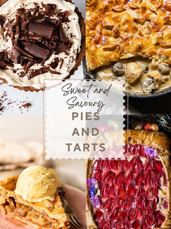 Vertical poster with four images of pies and tarts.