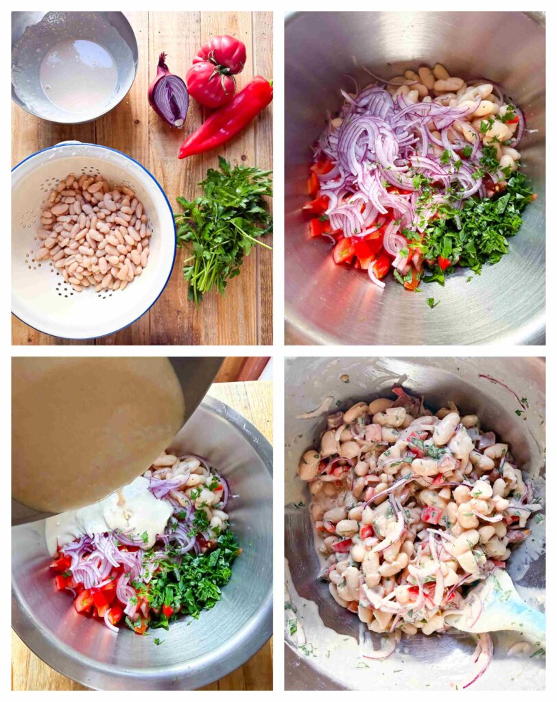 Four panel process shot collage showing how to assemble the white bean salad.