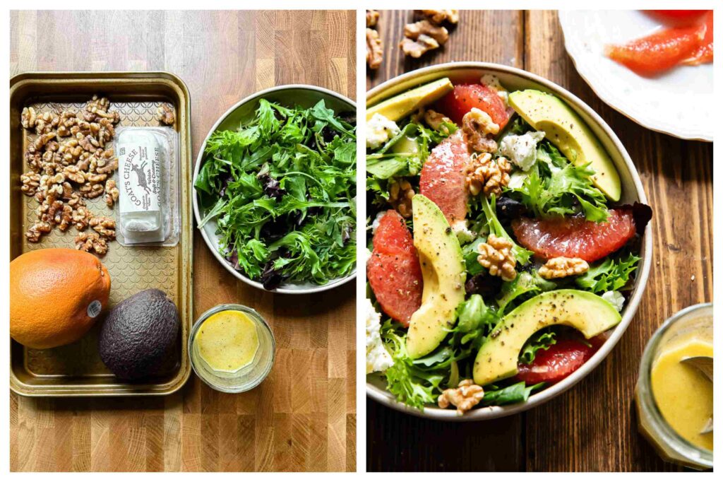 Two process shots with salad ingredients and the salad before dressing is added.