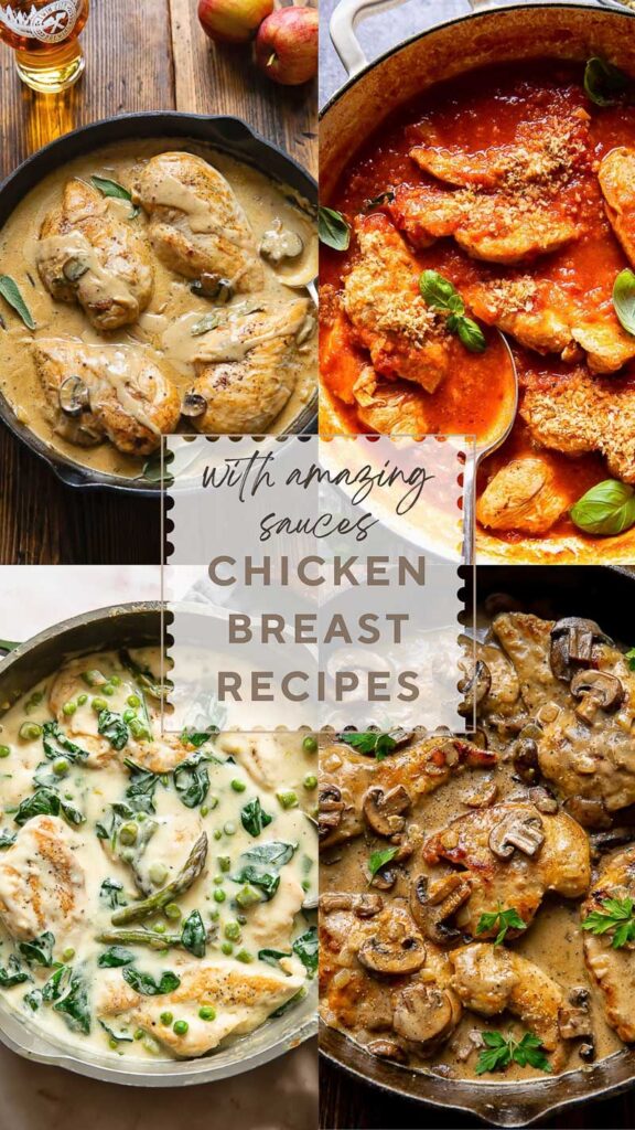 Collage of four images, all with chicken breasts cooked in different ways, with a title card in the middle.