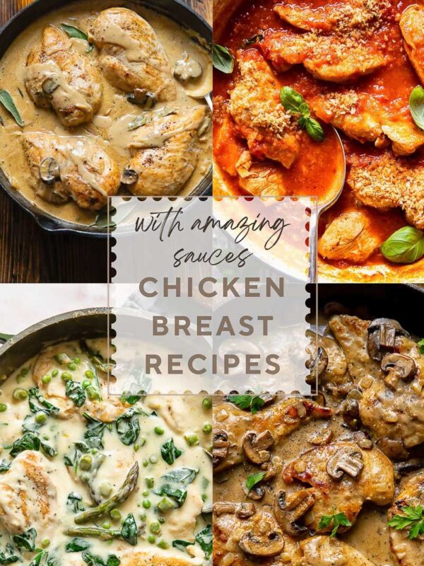 Collage of four images, all with chicken breasts cooked in different ways, with a title card in the middle.