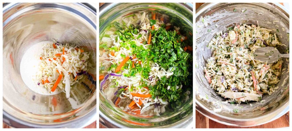 A three panel collage showing the preparation of the coleslaw in a mixing bowl.